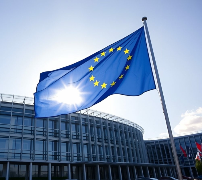 Drapeau européen flottant devant un bâtiment des institutions européennes
